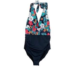 Swimsuits For All Tropical Floral Halter One Piece Black Red Green